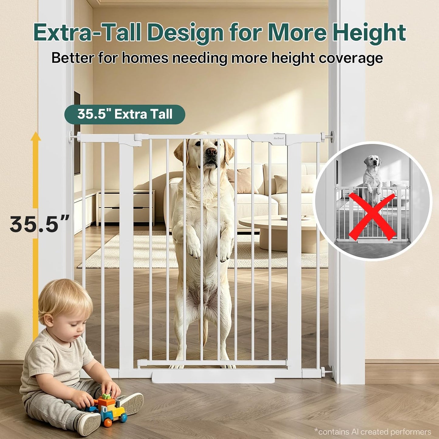29.5–40.75" Baby Gate for Stairs, 30" Tall Dog Gates for Doorways & Hallways, Safety Gate for Kids & Pets, Pressure-Mounted Walk-Through with Dual Lock & 2-Way Swing, White