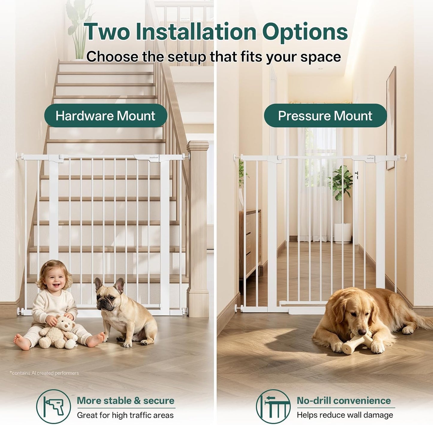 29.5–40.75" Baby Gate for Stairs, 30" Tall Dog Gates for Doorways & Hallways, Safety Gate for Kids & Pets, Pressure-Mounted Walk-Through with Dual Lock & 2-Way Swing, White