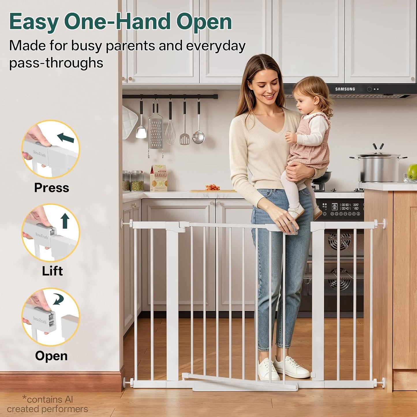 29.5–40.75" Baby Gate for Stairs, 30" Tall Dog Gates for Doorways & Hallways, Safety Gate for Kids & Pets, Pressure-Mounted Walk-Through with Dual Lock & 2-Way Swing, White
