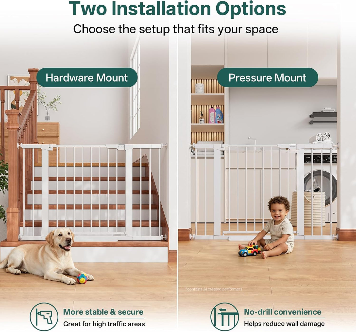 29.5–40.75" Baby Gate for Stairs, 30" Tall Dog Gates for Doorways & Hallways, Safety Gate for Kids & Pets, Pressure-Mounted Walk-Through with Dual Lock & 2-Way Swing, White