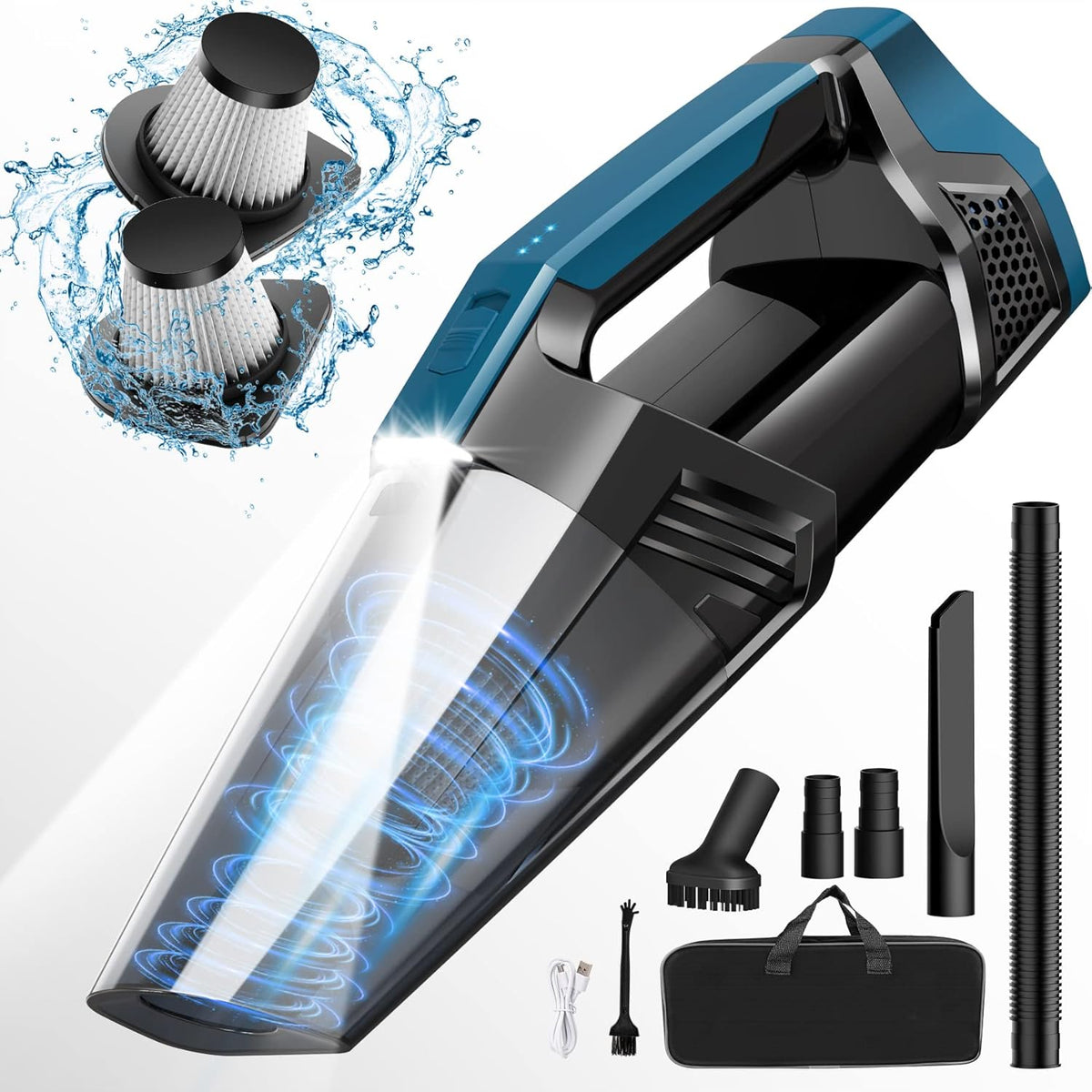 Handheld Vacuum Cordless Portable Car Vacuum with LED Light, High Power Suction, 3 in 1, Lightweight Rechargeable Hand Vacuum, Hand Held Vacuum Cleaner for Car Home Office, Pet Hair, Black