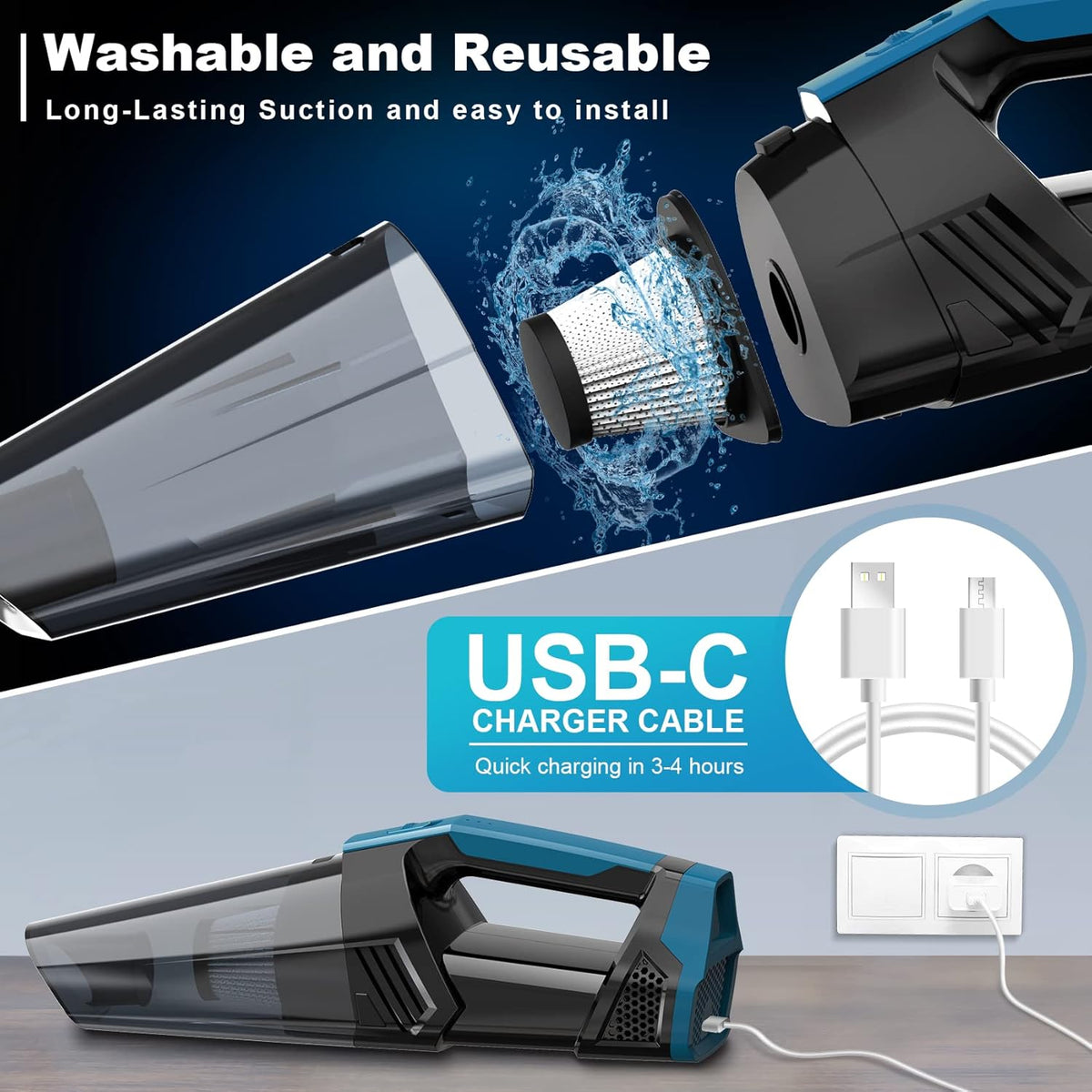 Handheld Vacuum Cordless Portable Car Vacuum with LED Light, High Power Suction, 3 in 1, Lightweight Rechargeable Hand Vacuum, Hand Held Vacuum Cleaner for Car Home Office, Pet Hair, Black