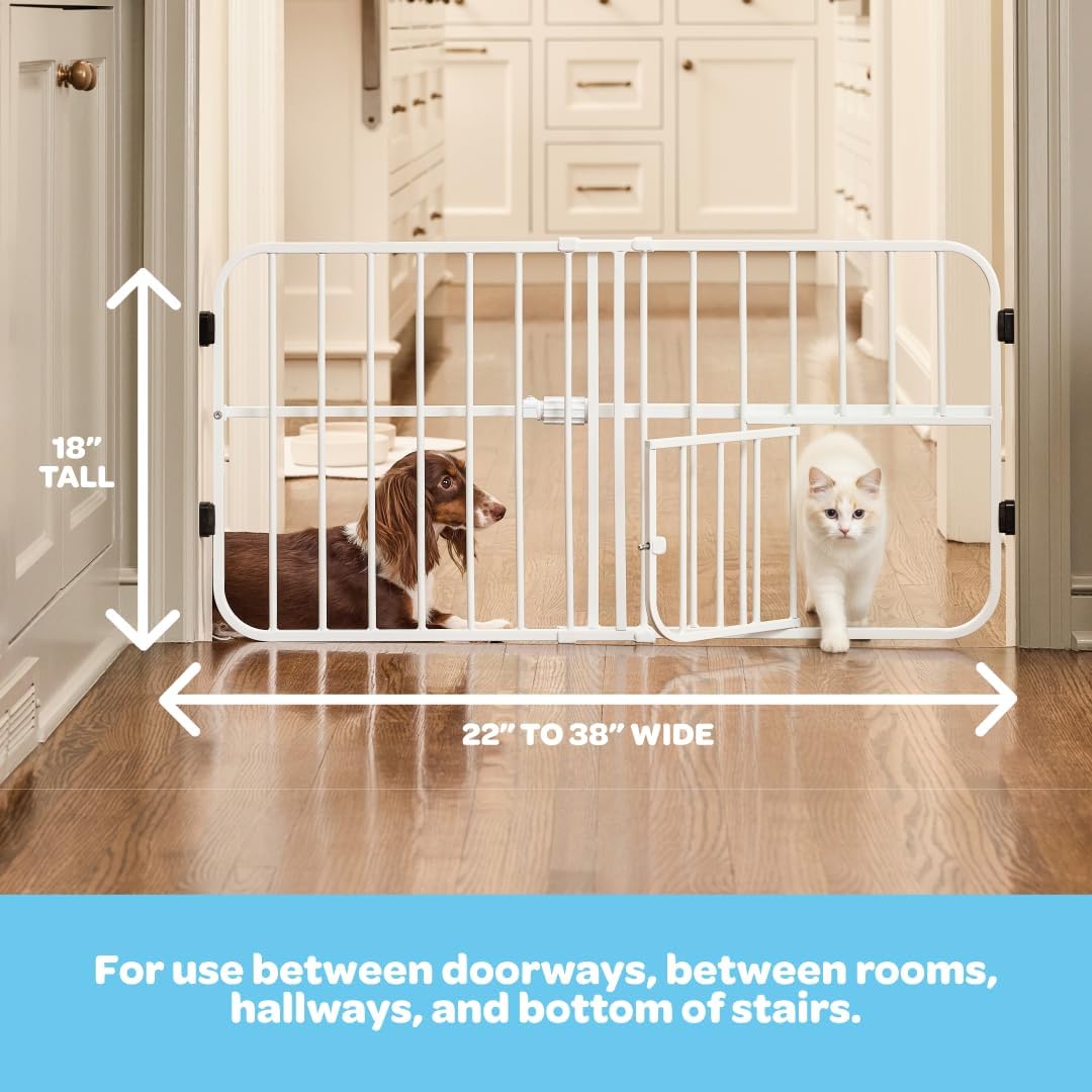 Carlson 24-38" Lil Tuffy Expandable Metal Dog Gate for Doorways, Indoor Pet Gate with Small Pet Door, No-Drill Pressure Mount, White