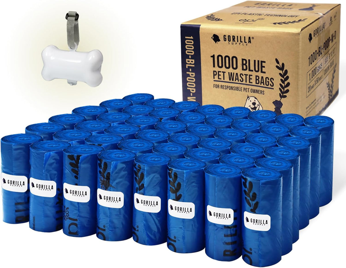 1000 Dog Poop Waste Bags with Dispenser and Leash Tie, 9" x 13", Blue, 1000 Count