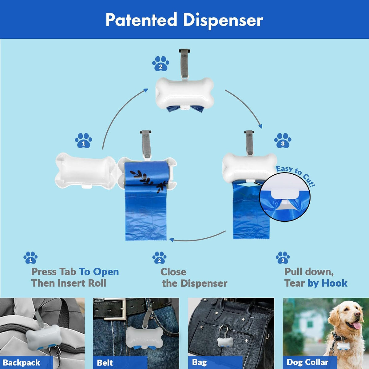 1000 Dog Poop Waste Bags with Dispenser and Leash Tie, 9" x 13", Blue, 1000 Count