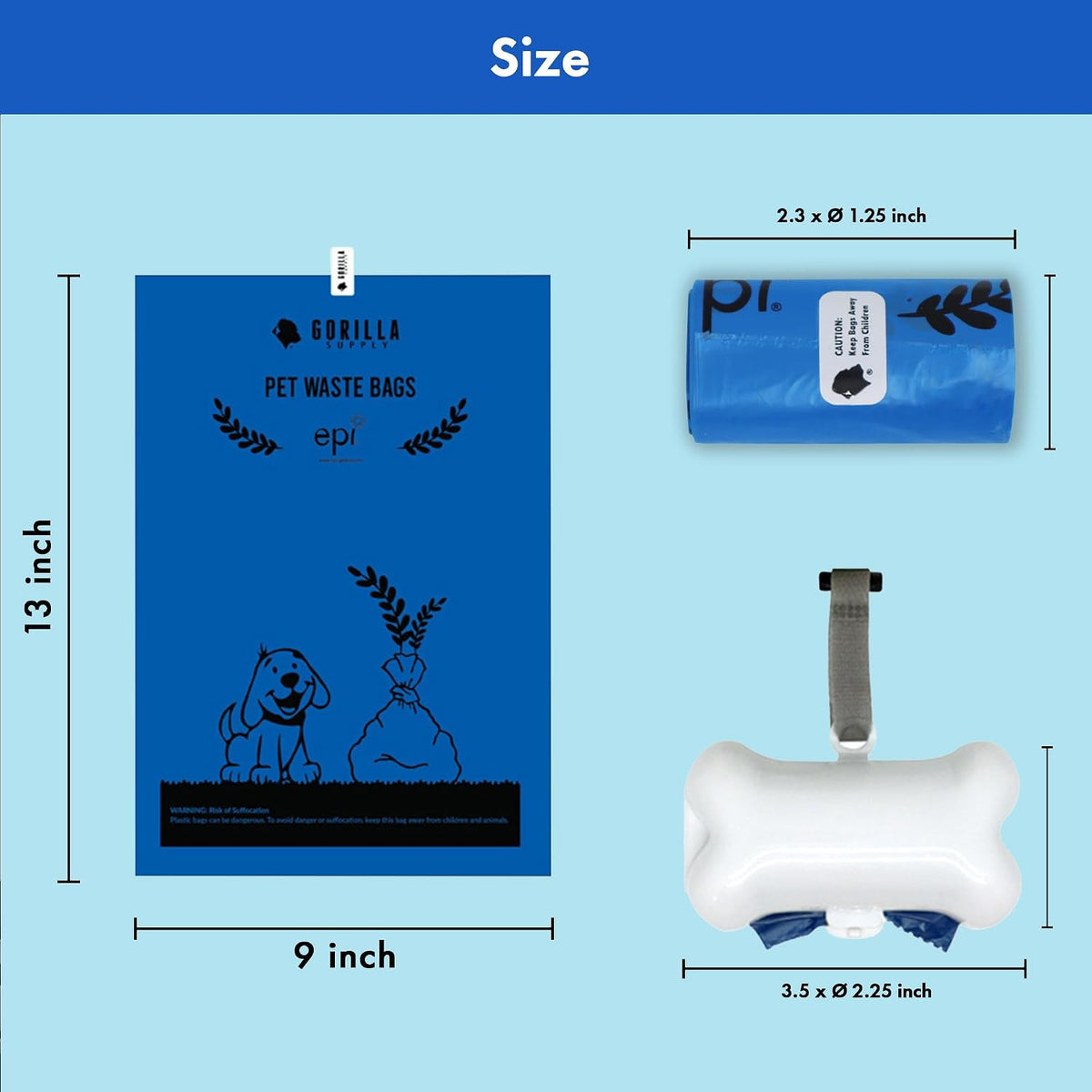1000 Dog Poop Waste Bags with Dispenser and Leash Tie, 9" x 13", Blue, 1000 Count