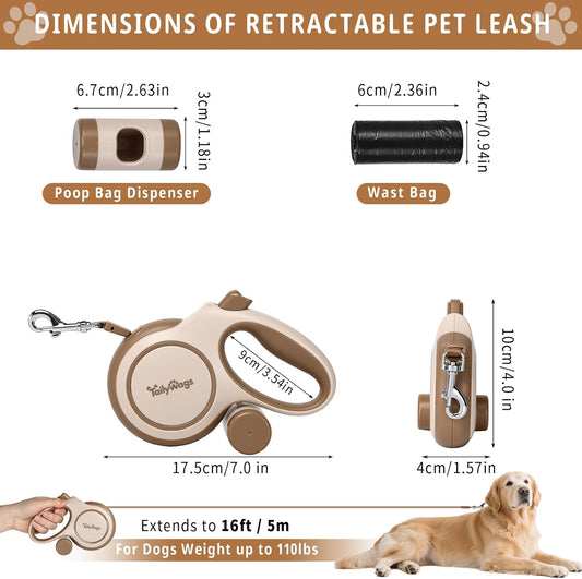 16ft Retractable Dog Leash for Medium Dogs up to 66 lbs,Khaki