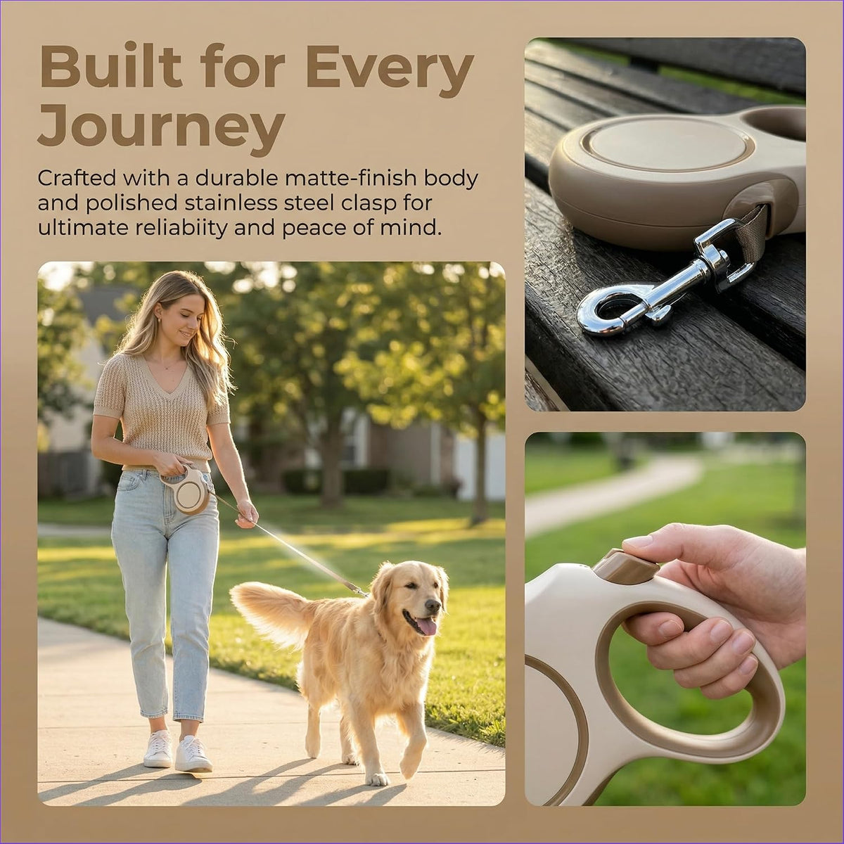 16ft Retractable Dog Leash for Medium Dogs up to 66 lbs,Khaki