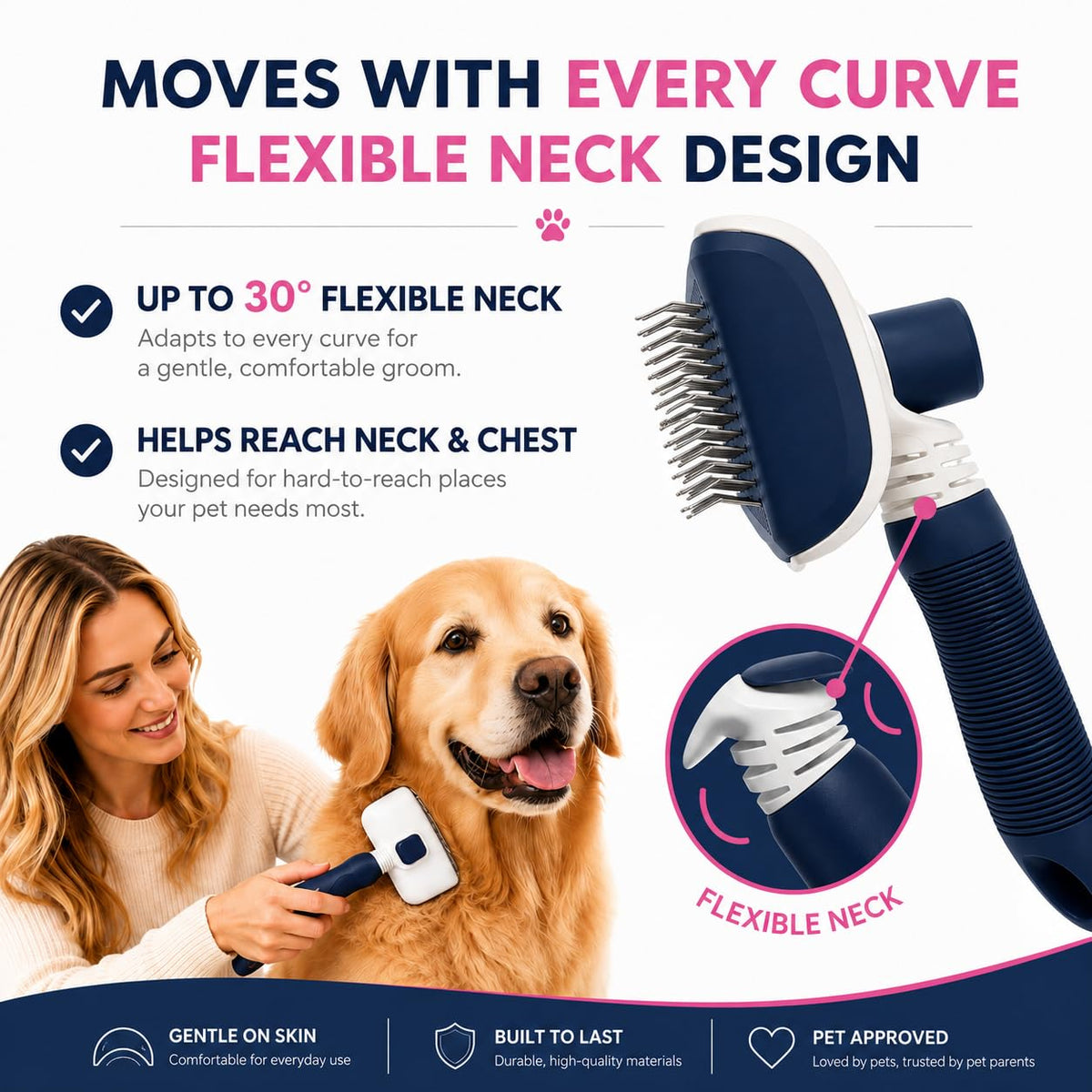 Self-Cleaning Flexible Neck Slicker Brush for Dogs & Cats, Grooming Brush for Deeper Reach with Long Stainless Steel Bristles, Deshedding & Detangling, Daily Use for Sensitive Skin