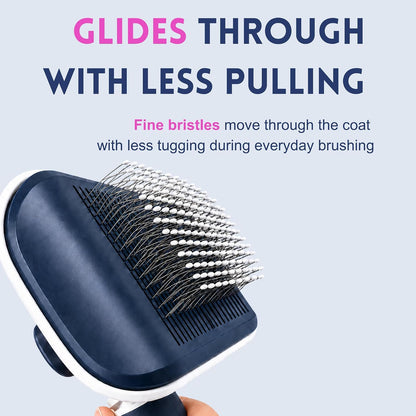 Self-Cleaning Flexible Neck Slicker Brush for Dogs & Cats, Grooming Brush for Deeper Reach with Long Stainless Steel Bristles, Deshedding & Detangling, Daily Use for Sensitive Skin