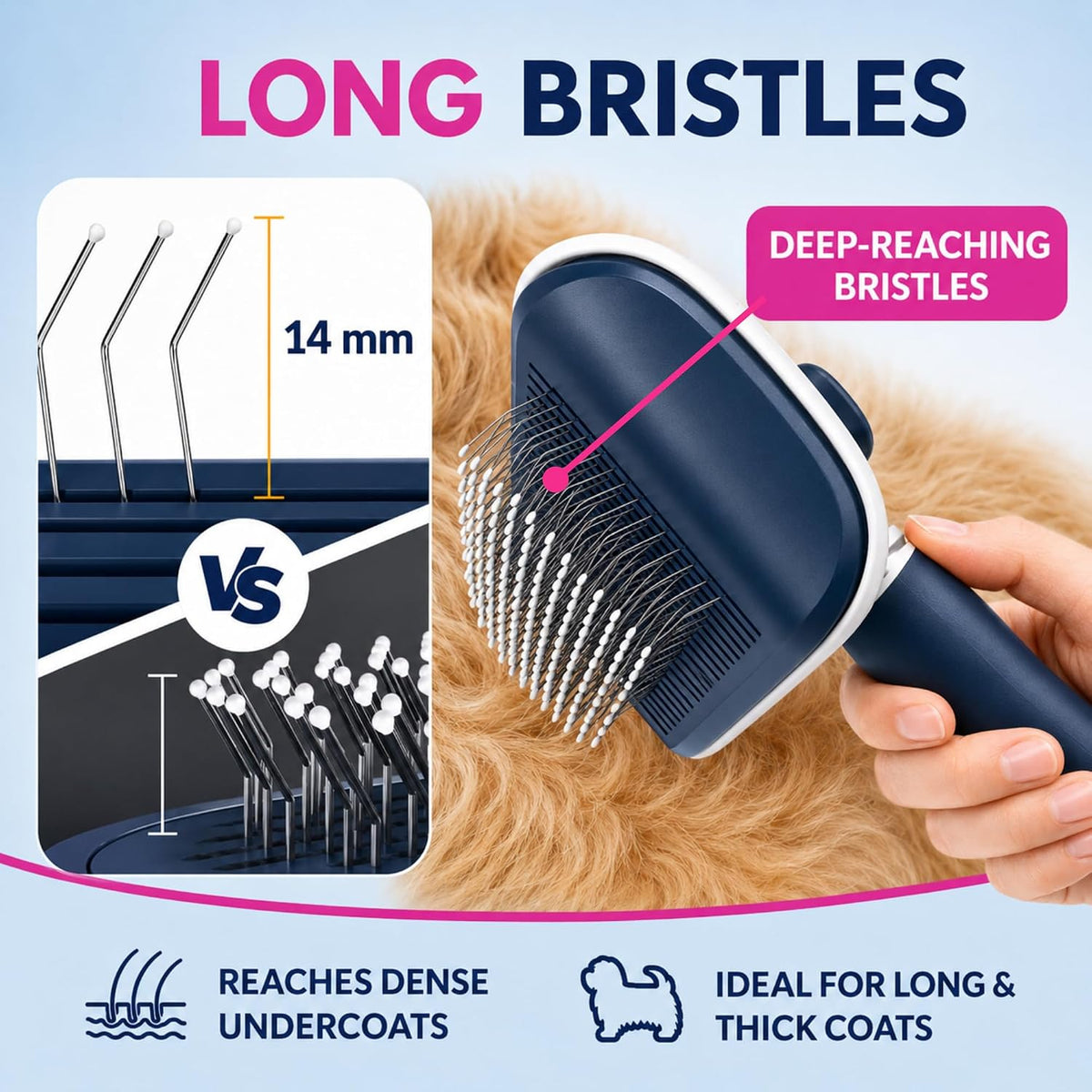 Self-Cleaning Flexible Neck Slicker Brush for Dogs & Cats, Grooming Brush for Deeper Reach with Long Stainless Steel Bristles, Deshedding & Detangling, Daily Use for Sensitive Skin