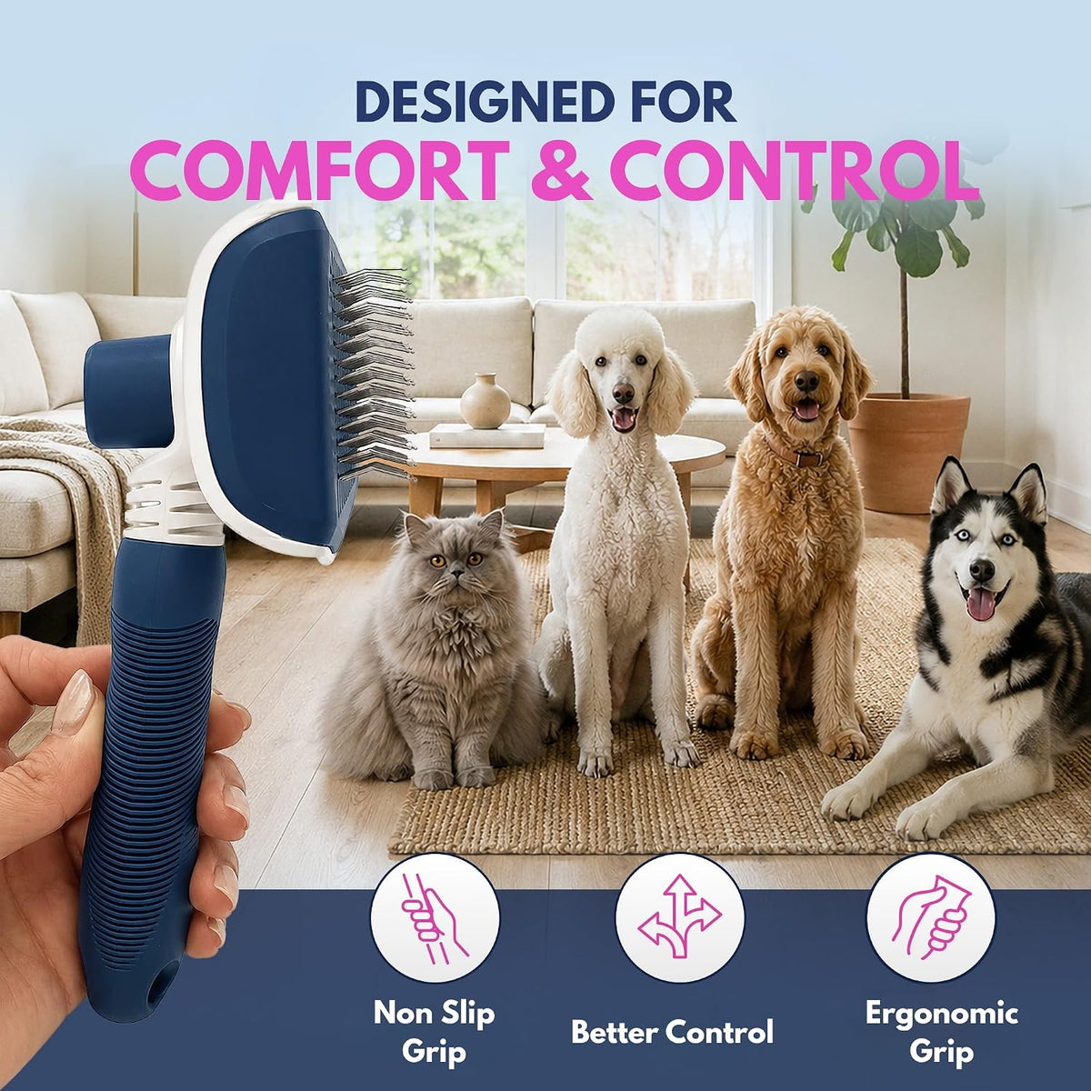 Self-Cleaning Flexible Neck Slicker Brush for Dogs & Cats, Grooming Brush for Deeper Reach with Long Stainless Steel Bristles, Deshedding & Detangling, Daily Use for Sensitive Skin