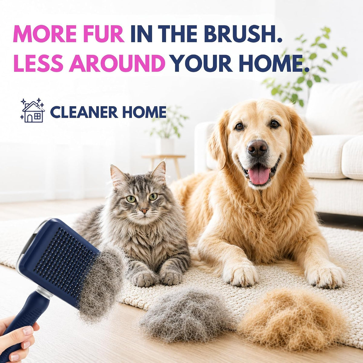 Self-Cleaning Flexible Neck Slicker Brush for Dogs & Cats, Grooming Brush for Deeper Reach with Long Stainless Steel Bristles, Deshedding & Detangling, Daily Use for Sensitive Skin