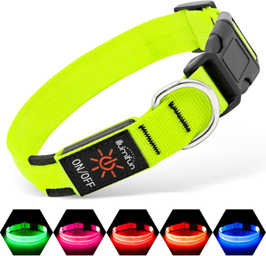 Light Up Dog Collar, USB Rechargeable LED Dog Collar Glow in the Dark，Adjustable Pet Safety Lights for Night Walking (Green, Medium)