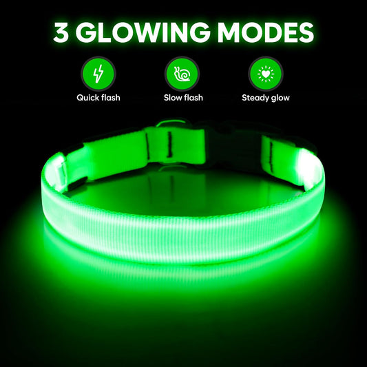 Light Up Dog Collar, USB Rechargeable LED Dog Collar Glow in the Dark，Adjustable Pet Safety Lights for Night Walking (Green, Medium)