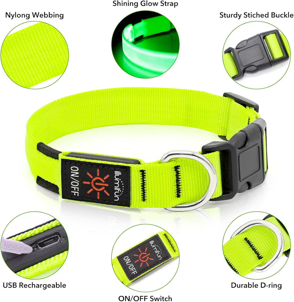 Light Up Dog Collar, USB Rechargeable LED Dog Collar Glow in the Dark，Adjustable Pet Safety Lights for Night Walking (Green, Medium)