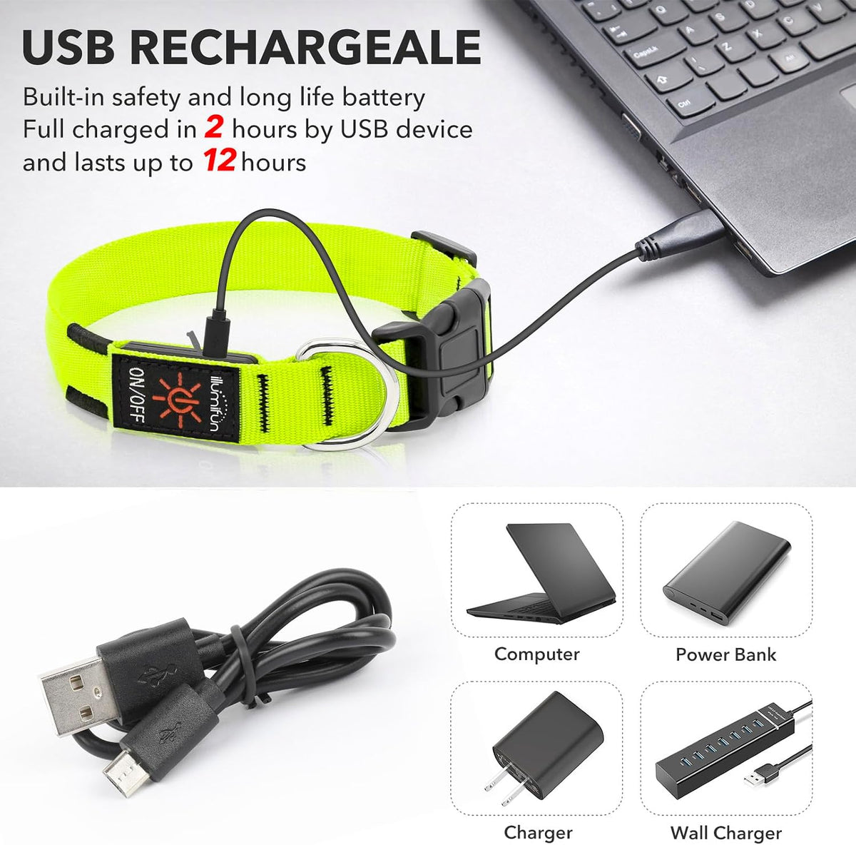 Light Up Dog Collar, USB Rechargeable LED Dog Collar Glow in the Dark，Adjustable Pet Safety Lights for Night Walking (Green, Medium)