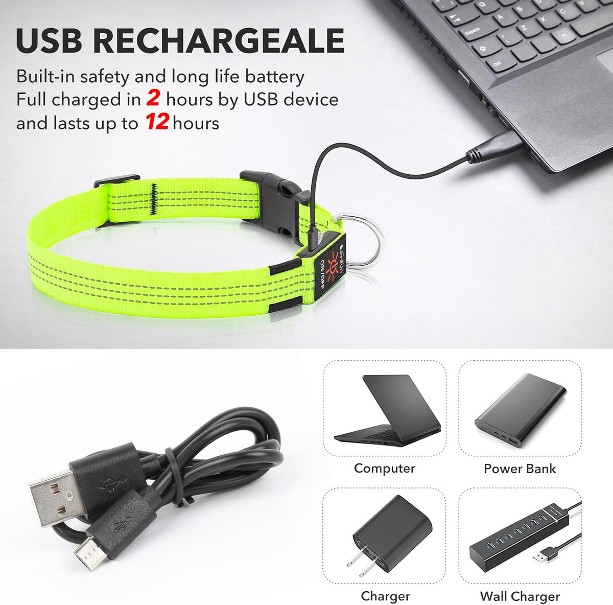 Light Up Dog Collar, USB Rechargeable LED Dog Collar Glow in the Dark，Adjustable Pet Safety Lights for Night Walking (Green, Medium)