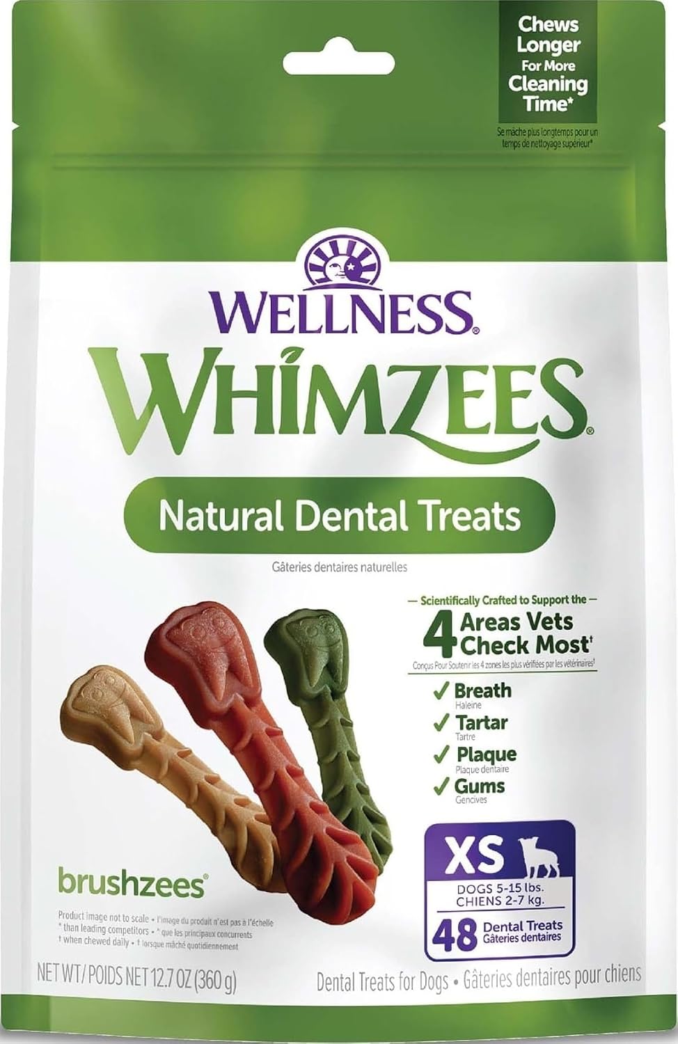 Whimzees Wellness Brushzees Natural Dog Dental Treat, VOHC Accepted Chews, Freshens Breath, Extra-Small Size, 12.7 oz Bag