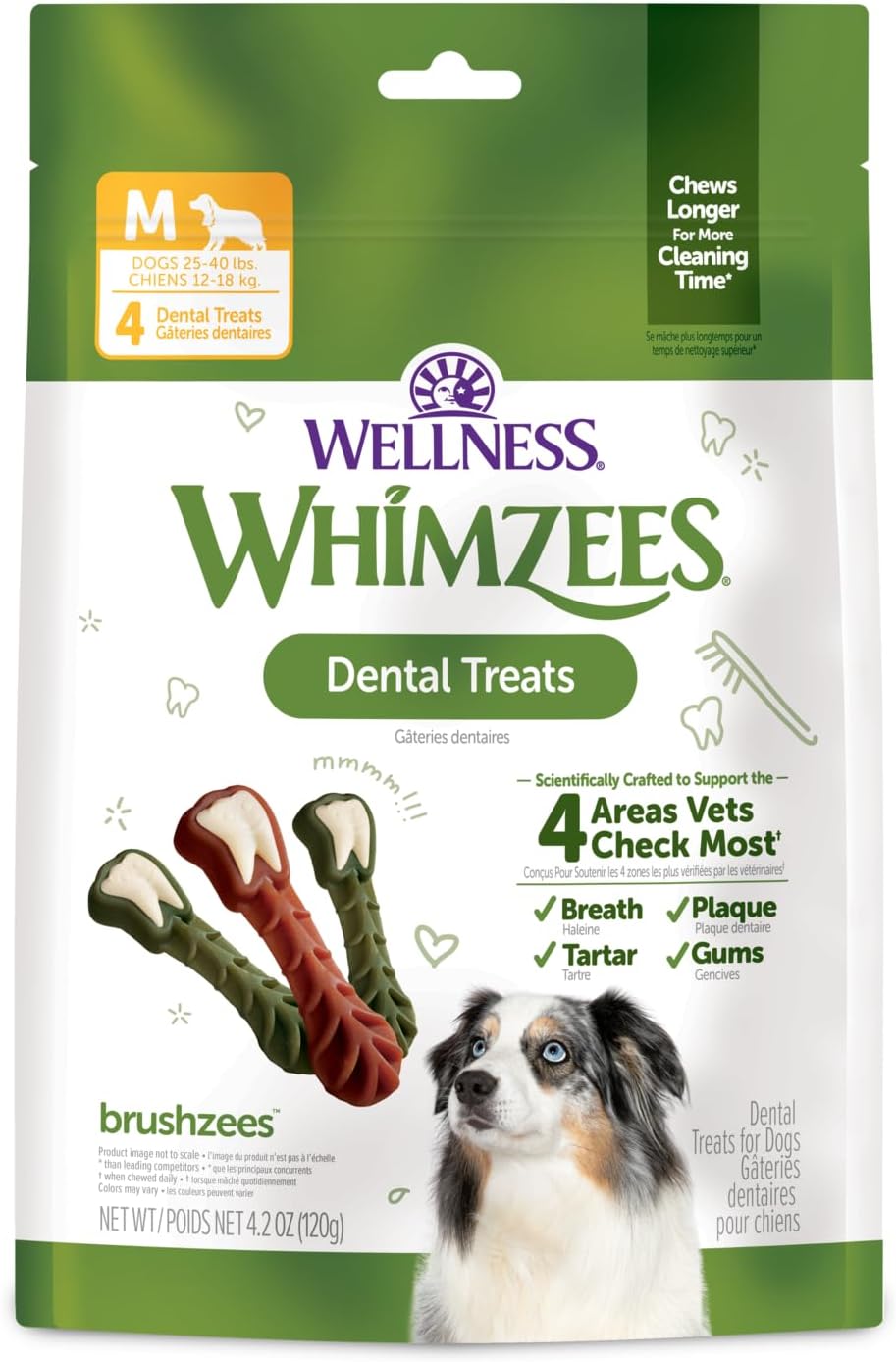 Whimzees Wellness Brushzees Natural Dog Dental Treat, VOHC Accepted Chews, Freshens Breath, Extra-Small Size, 12.7 oz Bag