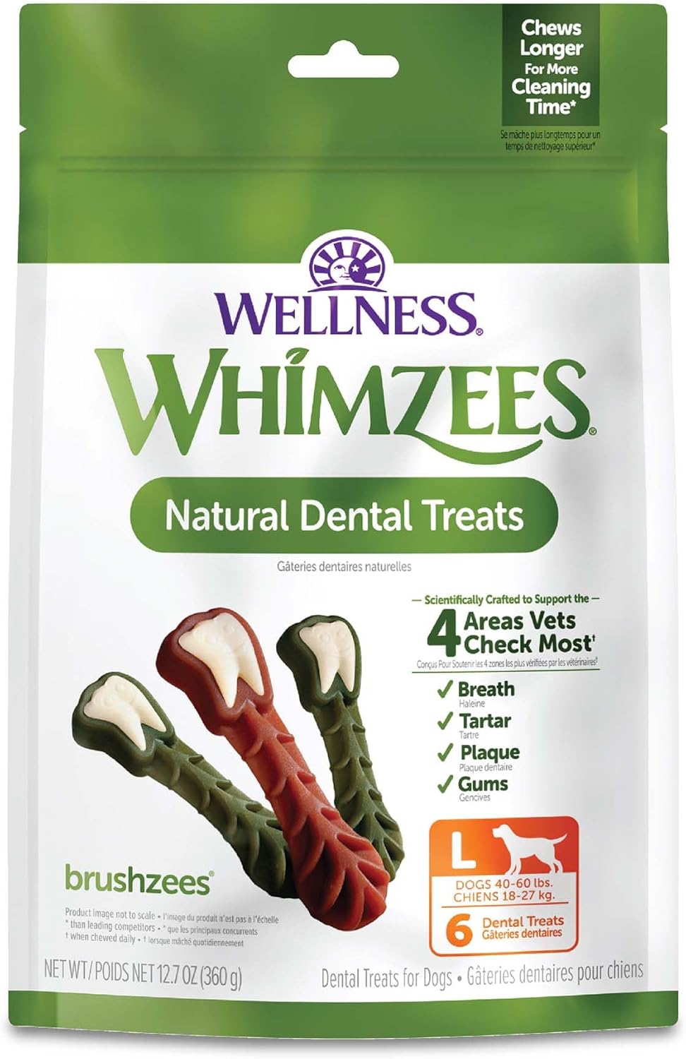 Whimzees Wellness Brushzees Natural Dog Dental Treat, VOHC Accepted Chews, Freshens Breath, Extra-Small Size, 12.7 oz Bag