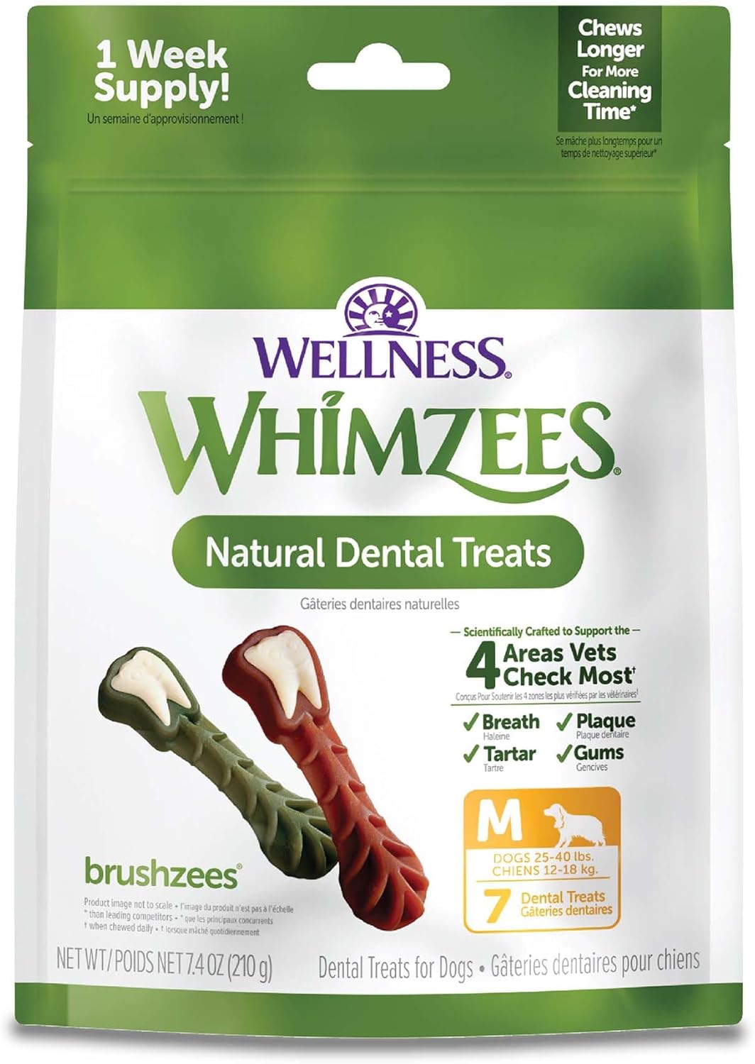 Whimzees Wellness Brushzees Natural Dog Dental Treat, VOHC Accepted Chews, Freshens Breath, Extra-Small Size, 12.7 oz Bag