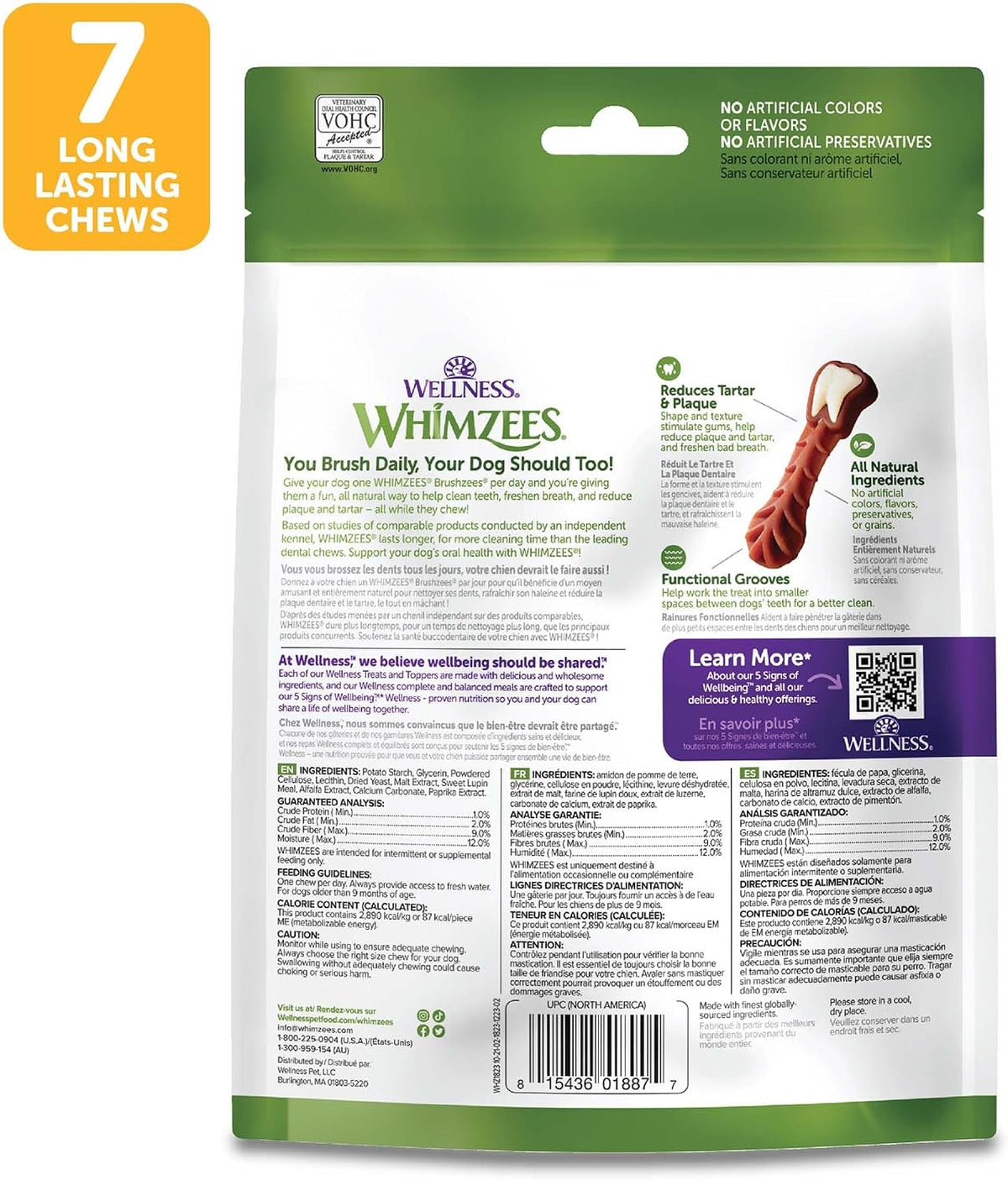 Whimzees Wellness Brushzees Natural Dog Dental Treat, VOHC Accepted Chews, Freshens Breath, Extra-Small Size, 12.7 oz Bag