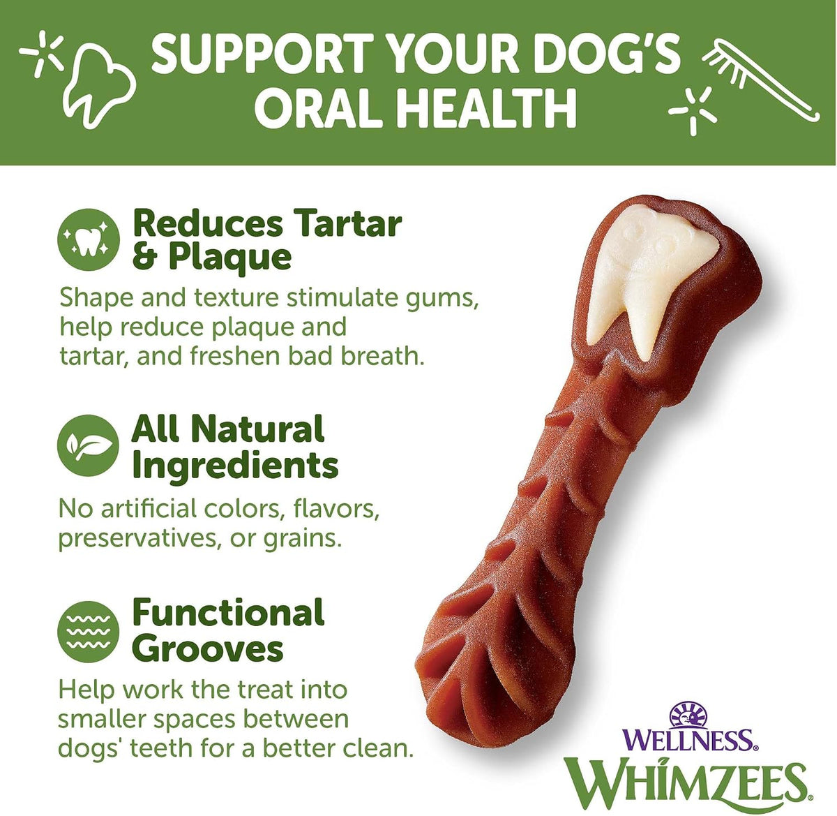 Whimzees Wellness Brushzees Natural Dog Dental Treat, VOHC Accepted Chews, Freshens Breath, Extra-Small Size, 12.7 oz Bag