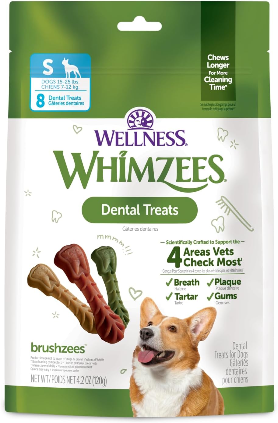 Whimzees Wellness Brushzees Natural Dog Dental Treat, VOHC Accepted Chews, Freshens Breath, Extra-Small Size, 12.7 oz Bag