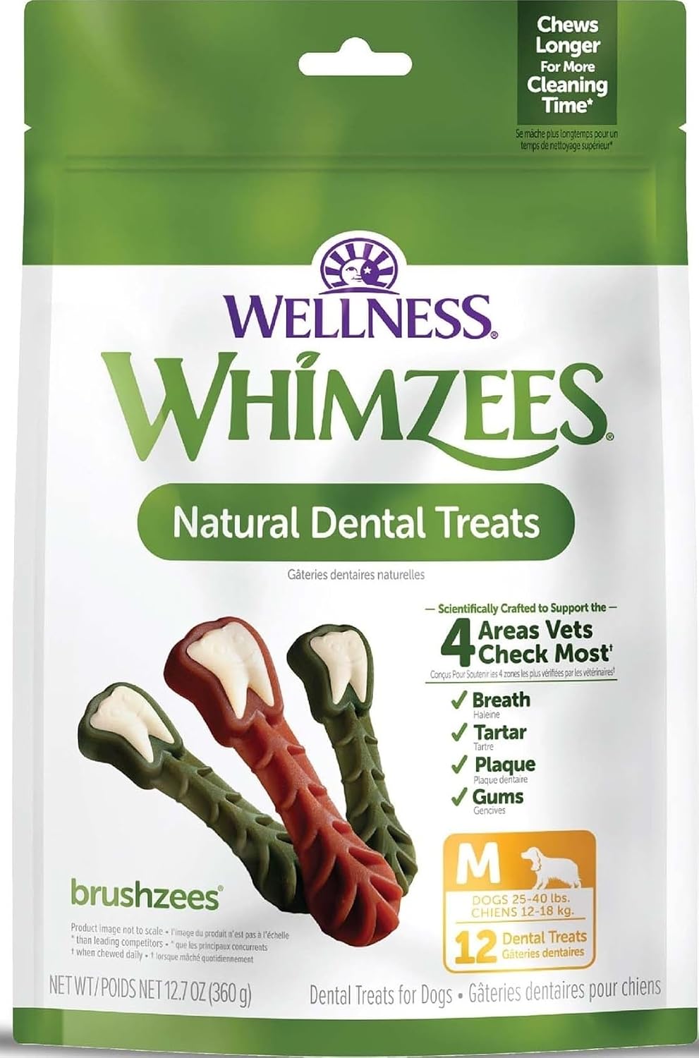 Whimzees Wellness Brushzees Natural Dog Dental Treat, VOHC Accepted Chews, Freshens Breath, Extra-Small Size, 12.7 oz Bag