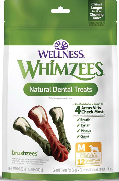 Whimzees Wellness Brushzees Natural Dog Dental Treat, VOHC Accepted Chews, Freshens Breath, Extra-Small Size, 12.7 oz Bag