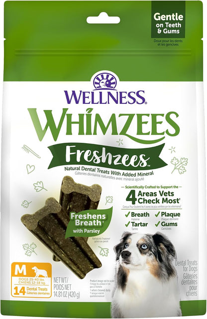 Whimzees Wellness Brushzees Natural Dog Dental Treat, VOHC Accepted Chews, Freshens Breath, Extra-Small Size, 12.7 oz Bag