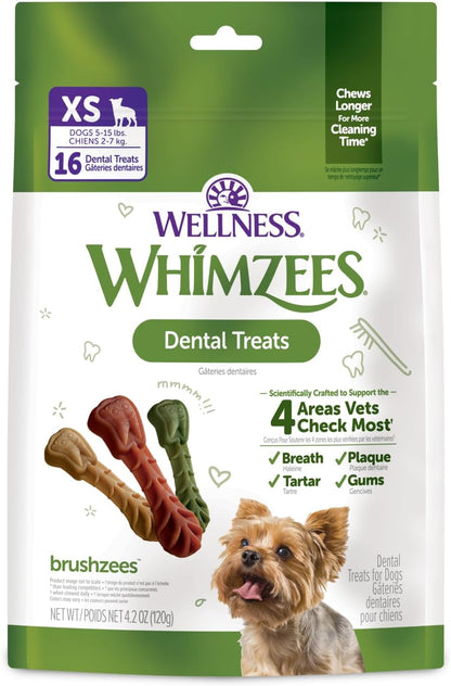 Whimzees Wellness Brushzees Natural Dog Dental Treat, VOHC Accepted Chews, Freshens Breath, Extra-Small Size, 12.7 oz Bag