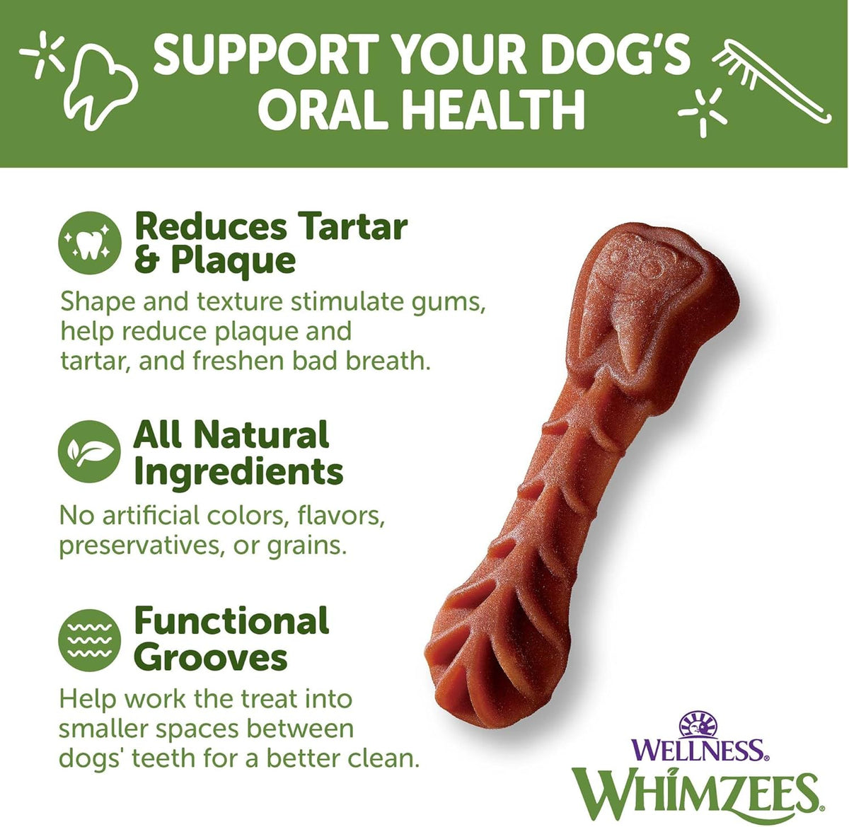 Whimzees Wellness Brushzees Natural Dog Dental Treat, VOHC Accepted Chews, Freshens Breath, Extra-Small Size, 12.7 oz Bag