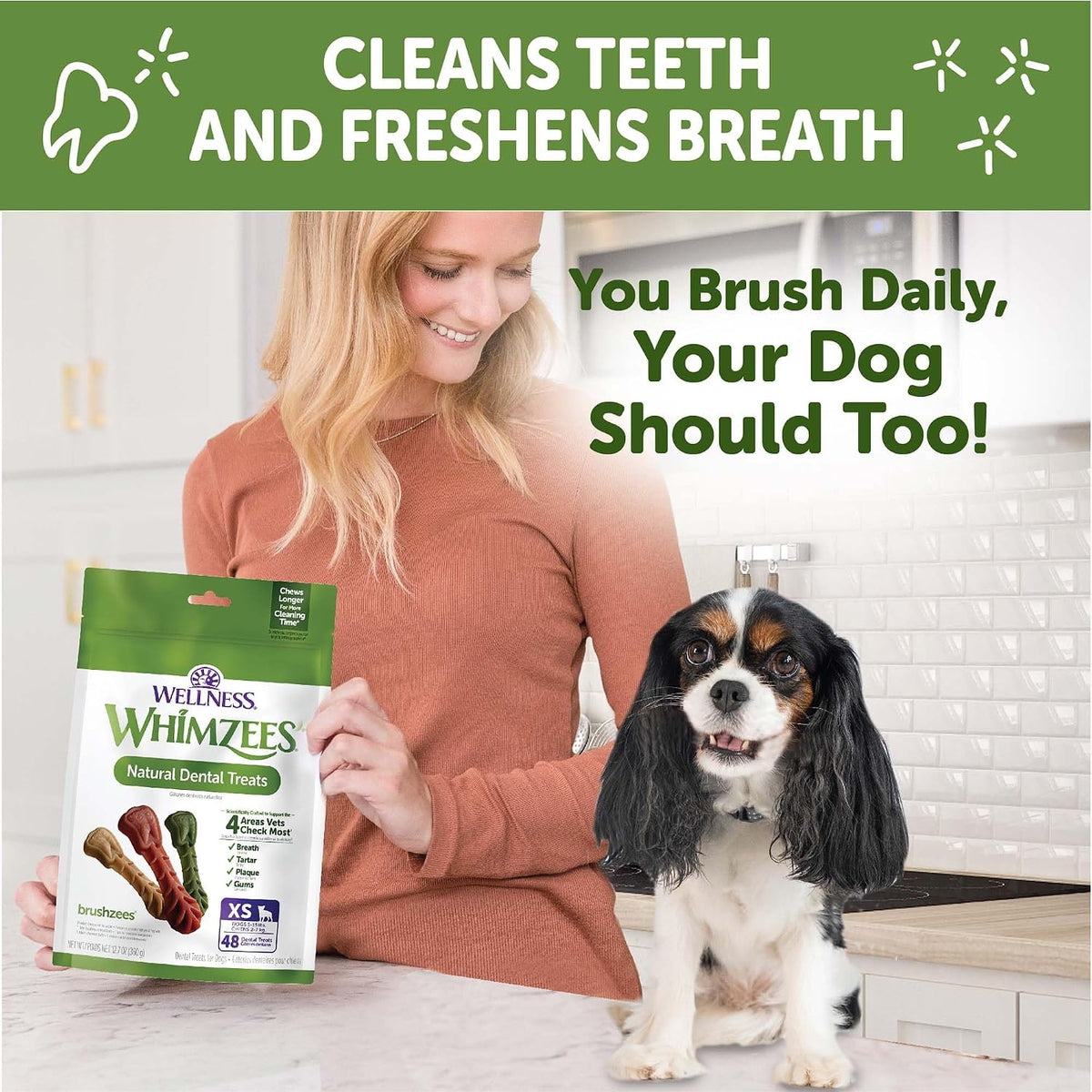 Whimzees Wellness Brushzees Natural Dog Dental Treat, VOHC Accepted Chews, Freshens Breath, Extra-Small Size, 12.7 oz Bag