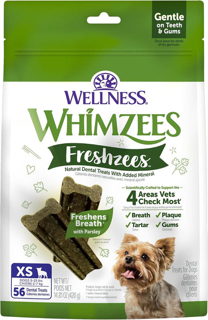 Whimzees Wellness Brushzees Natural Dog Dental Treat, VOHC Accepted Chews, Freshens Breath, Extra-Small Size, 12.7 oz Bag