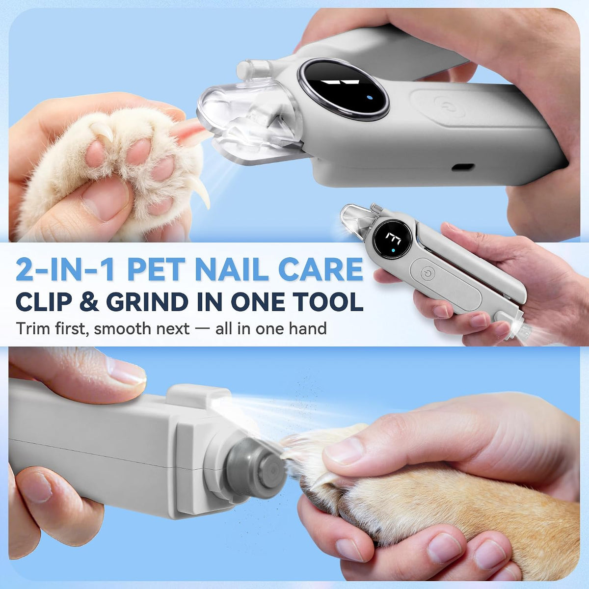 2-in-1 Quiet Electric Pet Nail Clipper & Grinder with Light for Dogs Cats