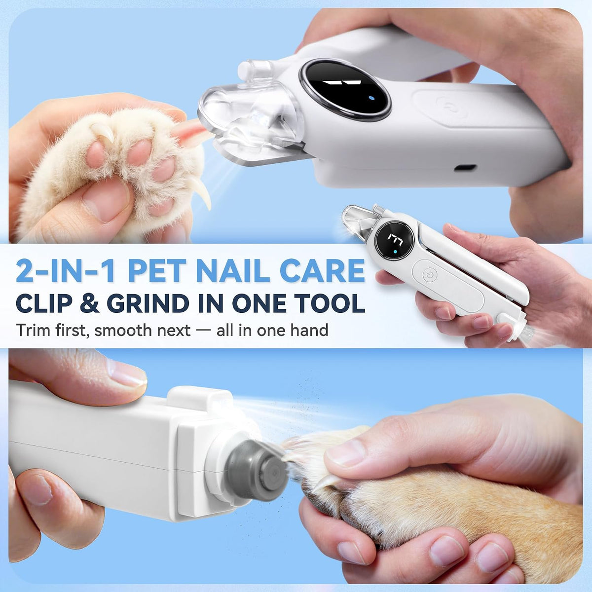 2-in-1 Quiet Electric Pet Nail Clipper & Grinder with Light for Dogs Cats