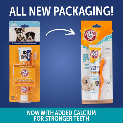 Complete Care Puppy Dental Kit, Peanut Butter, 2.5 Oz, 2-Pack | Enzymatic baking soda formula, fluoride-free, peanut butter flavor, toothbrush and microfiber brush included