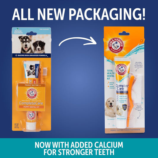 Complete Care Puppy Dental Kit, Peanut Butter, 2.5 Oz, 2-Pack | Enzymatic baking soda formula, fluoride-free, peanut butter flavor, toothbrush and microfiber brush included