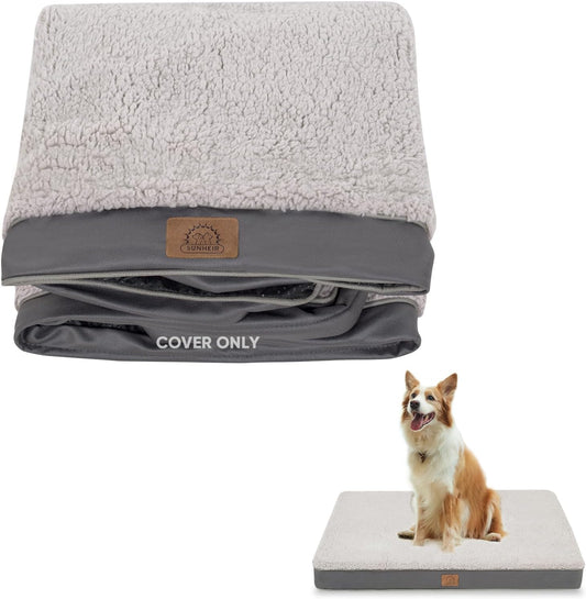 Waterproof Dog Bed Covers Replacement Washable, Pet Bed Cover Only | Removable Machine-Washable Soft Plush Cover in Easy-Clean, Non-Slip Bottom, Zipper Closure, 35x22x3 Inches, Grey