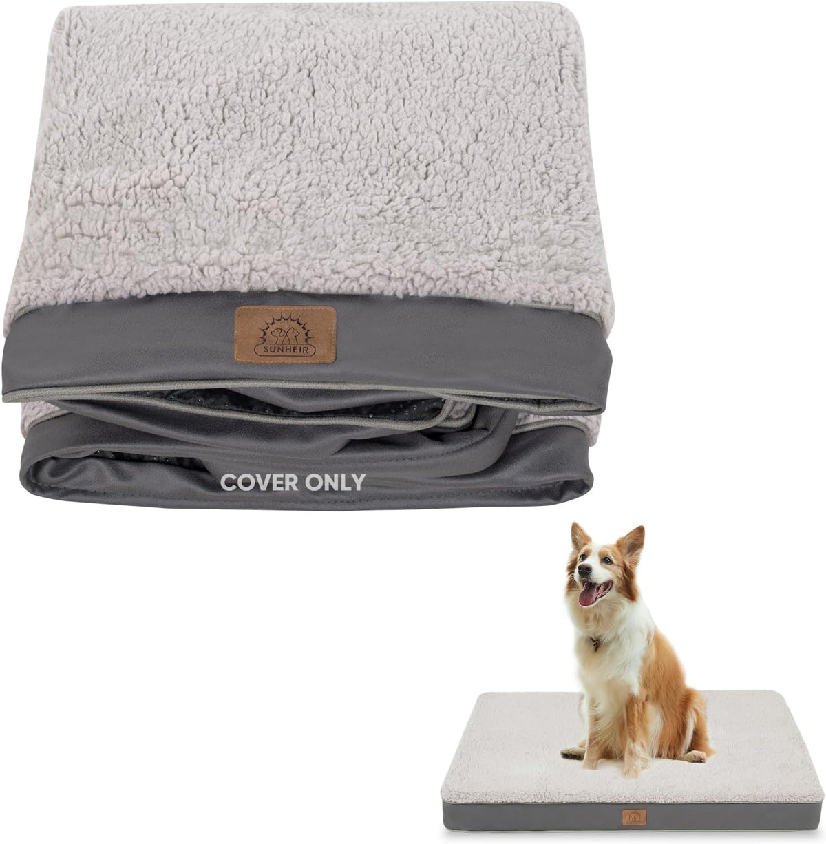 Waterproof Dog Bed Covers Replacement Washable, Pet Bed Cover Only | Removable Machine-Washable Soft Plush Cover in Easy-Clean, Non-Slip Bottom, Zipper Closure, 35x22x3 Inches, Grey
