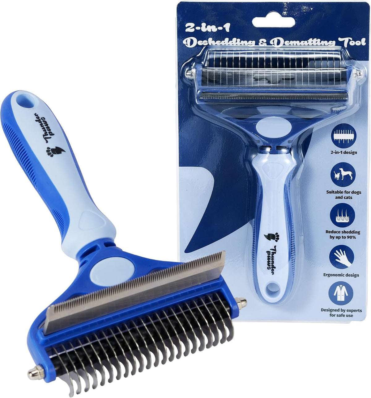 2-in-1 Deshedding Brush and Dematting Rake - Double Coat Undercoat Grooming Tool for Dogs and Cats, Reduces Shedding by Up to 95% (Electric Blue)
