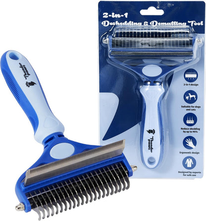 2-in-1 Deshedding Brush and Dematting Rake - Double Coat Undercoat Grooming Tool for Dogs and Cats, Reduces Shedding by Up to 95% (Electric Blue)