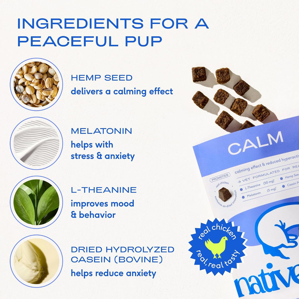Calming Chews for Dogs - Promotes Calming Effect, Supports Emotional Balance & Reduces Hyperactivity - Hemp Seed, Melatonin for Dogs, L-Theanine & Casein - Air-Dried 30 Chews
