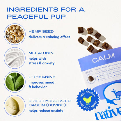 Calming Chews for Dogs - Promotes Calming Effect, Supports Emotional Balance & Reduces Hyperactivity - Hemp Seed, Melatonin for Dogs, L-Theanine & Casein - Air-Dried 30 Chews