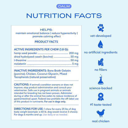 Calming Chews for Dogs - Promotes Calming Effect, Supports Emotional Balance & Reduces Hyperactivity - Hemp Seed, Melatonin for Dogs, L-Theanine & Casein - Air-Dried 30 Chews