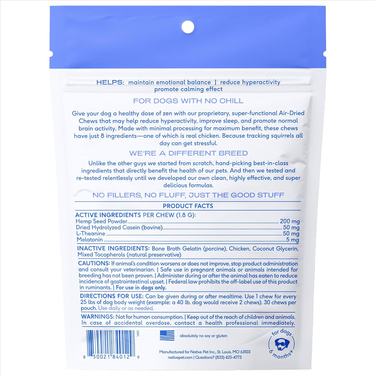 Calming Chews for Dogs - Promotes Calming Effect, Supports Emotional Balance & Reduces Hyperactivity - Hemp Seed, Melatonin for Dogs, L-Theanine & Casein - Air-Dried 30 Chews