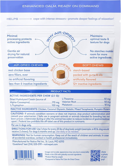Calming Chews for Dogs - Promotes Calming Effect, Supports Emotional Balance & Reduces Hyperactivity - Hemp Seed, Melatonin for Dogs, L-Theanine & Casein - Air-Dried 30 Chews
