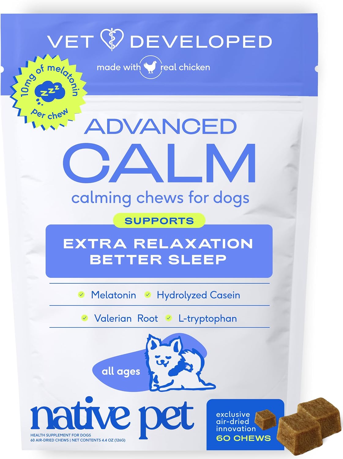 Calming Chews for Dogs - Promotes Calming Effect, Supports Emotional Balance & Reduces Hyperactivity - Hemp Seed, Melatonin for Dogs, L-Theanine & Casein - Air-Dried 30 Chews